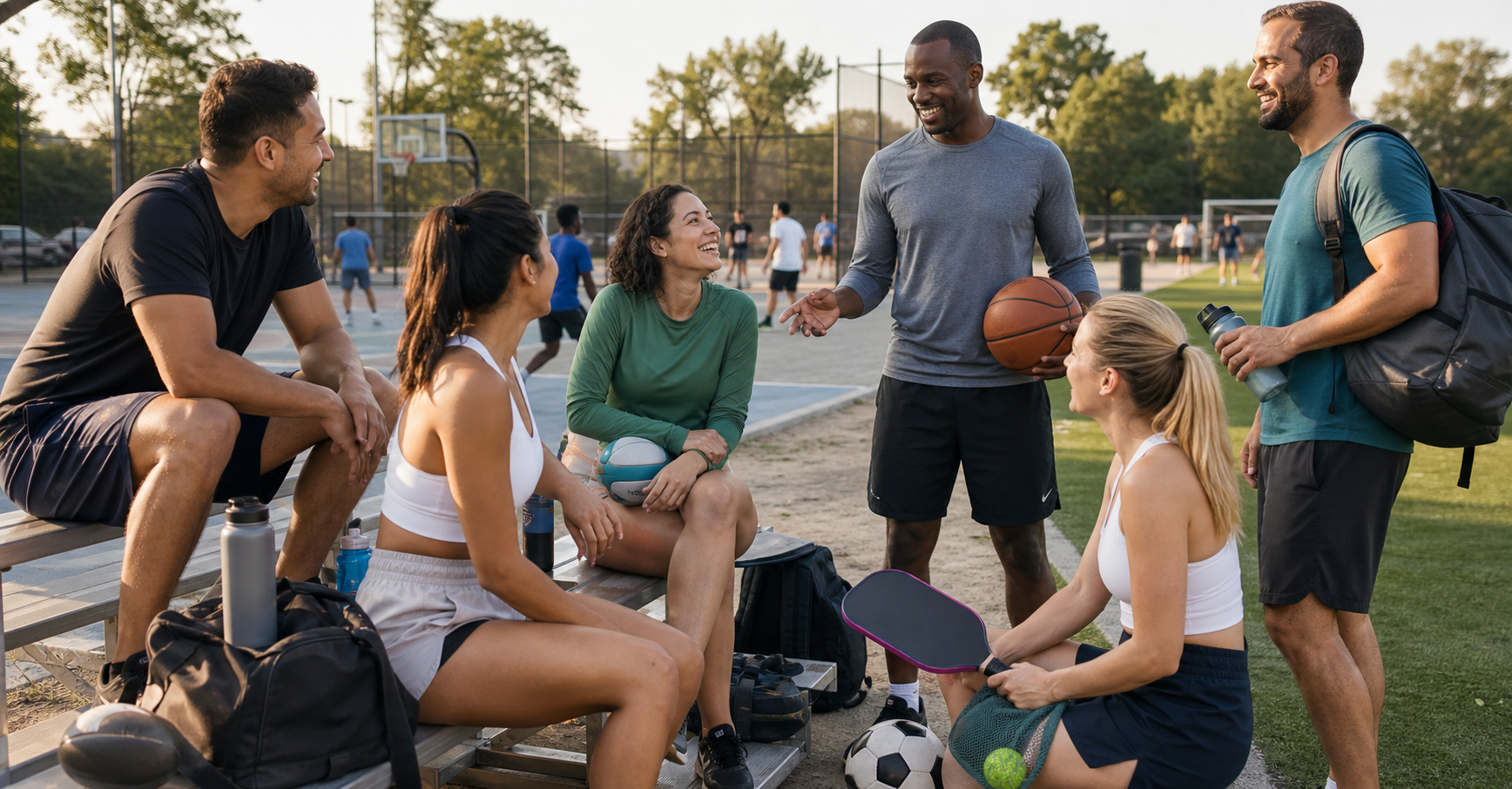 A mixed group of local players gathering with sports gear at outdoor courts.
